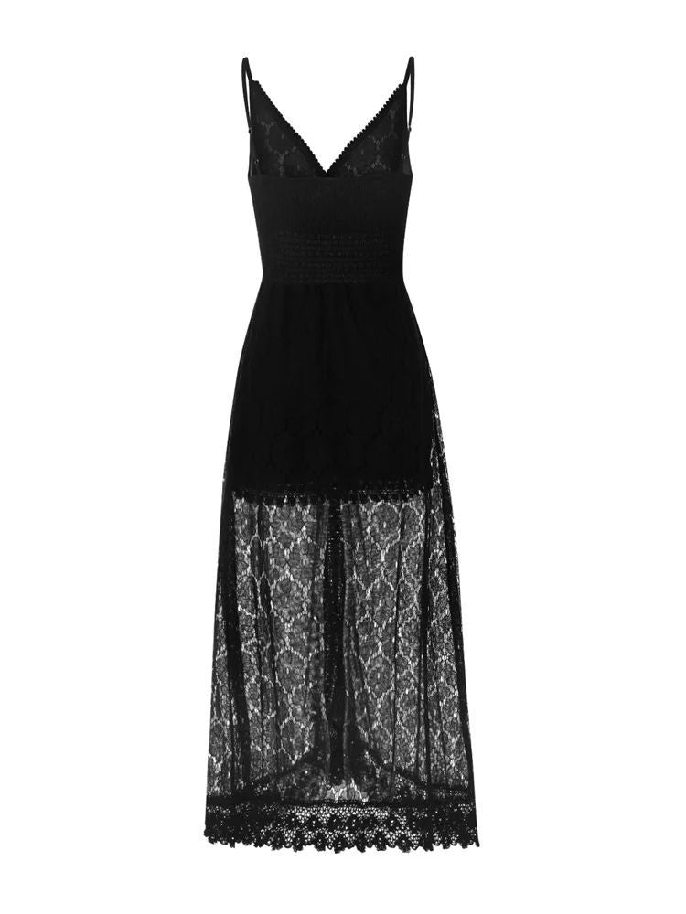 Women's Floral V-Neck Lace Dress - Sleeveless Spaghetti Strap Boho Beach Vacation Dress with Side Split